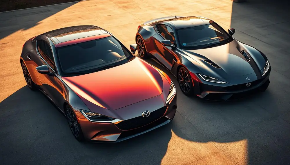 A high-angle, photorealistic shot of a Mazda EZ-6 parked beside a Deepal SL03, showcasing their distinct yet similar design elements. The EZ-6 with its sleek, aerodynamic body, prominent grille, and distinctive LED headlights, while the SL03 boasts a similar silhouette and front-end styling. Both vehicles are rendered in natural, warm lighting, allowing the viewer to appreciate the accurate details and quality of the standard, non-fantasy designs. The image captures the essence of the section title, inviting comparison between the two cars' dimensions and design solutions.